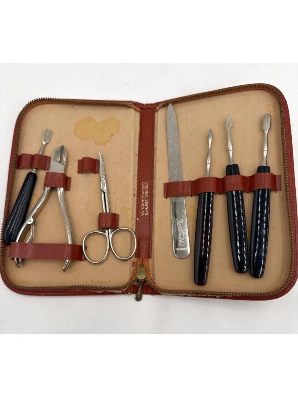 Vtg Manicure Set With Tools Made In Austria File Scissors Clippers & Pushers Fil
